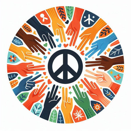 Circle of hands with peace symbol in center. Vector illustration.のイラスト素材