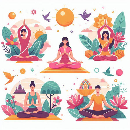 Set of yoga poses. Woman and man meditating in lotus position. Vector illustrationのイラスト素材