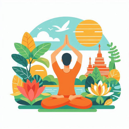 Man practicing yoga in lotus position. Vector illustration in flat style.のイラスト素材