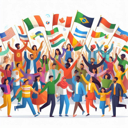 Group of happy people holding flags of the world. Vector illustration.のイラスト素材
