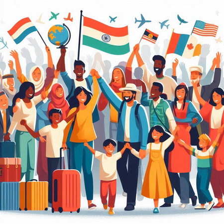 Travelers with flags of different countries. Vector illustration in cartoon styleのイラスト素材