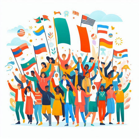 Group of happy people holding flags of different countries. Vector illustration.のイラスト素材