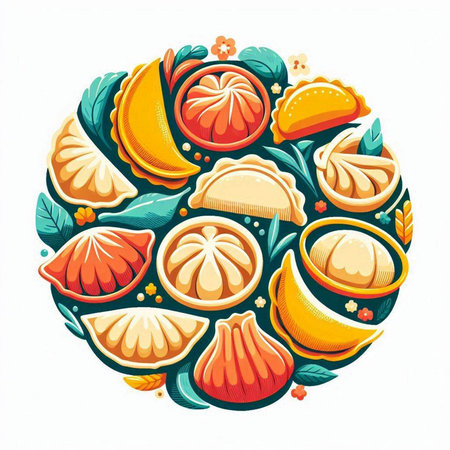 Vector illustration of a round shape of Chinese dumplings on a white backgroundのイラスト素材