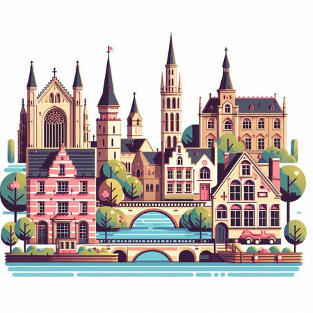 Bruges, Belgium. Cityscape with historic buildings. Vector illustration.のイラスト素材