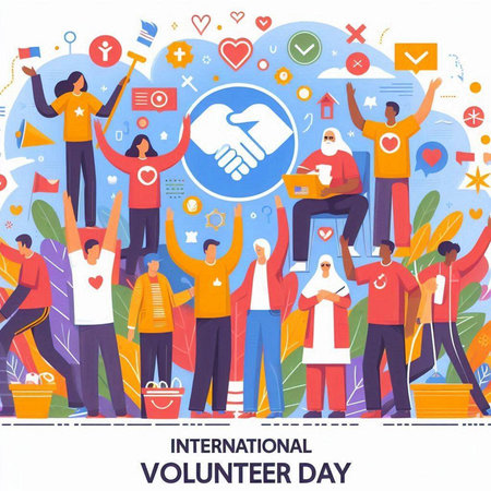 International Voluntary Day. Group of happy people with hands up. Vector illustration.のイラスト素材