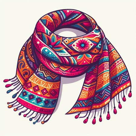Colorful hand drawn scarf with ethnic ornaments. Vector illustration.のイラスト素材