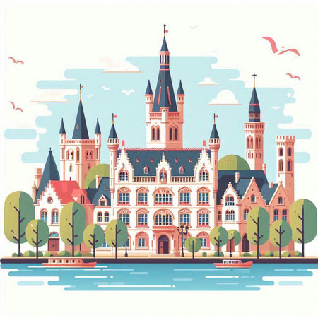 Castle on the bank of the river. Vector illustration in flat styleのイラスト素材