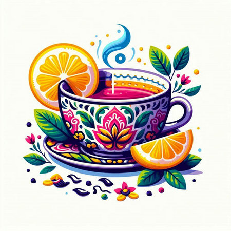 Cup of tea with lemon and mint leaves. Vector illustration.のイラスト素材