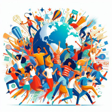 Group of people dancing around the world. Vector illustration in flat style.のイラスト素材