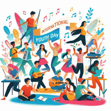 Music Day. Group of young people playing musical instruments and singing. Vector illustrationのイラスト素材