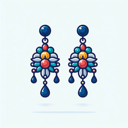 Illustration of a pair of earrings with precious stones on a blue backgroundのイラスト素材