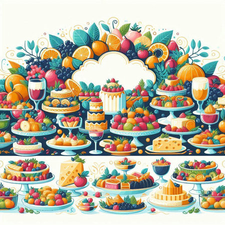 Seamless pattern with different fruits and cakes. Vector illustration.のイラスト素材