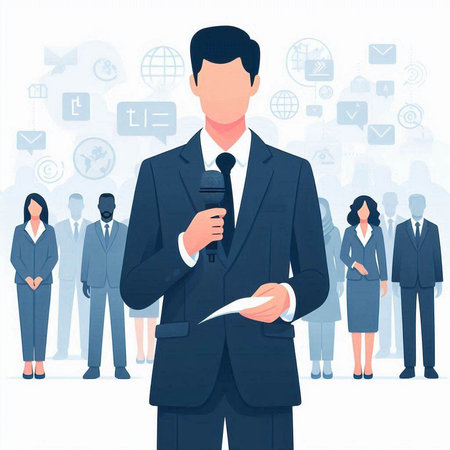 Businessman speaking into microphone. Vector illustration in flat cartoon style.のイラスト素材