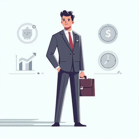 Businessman standing with briefcase in hands. Vector illustration in cartoon styleのイラスト素材