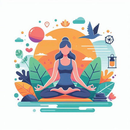 Yoga woman meditating in the lotus position. Vector illustrationのイラスト素材