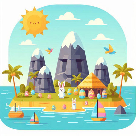 Easter holiday flat design vector illustration. Holiday island with mountains, palms, sea, beach, sun, bunnies, boats and birds.のイラスト素材