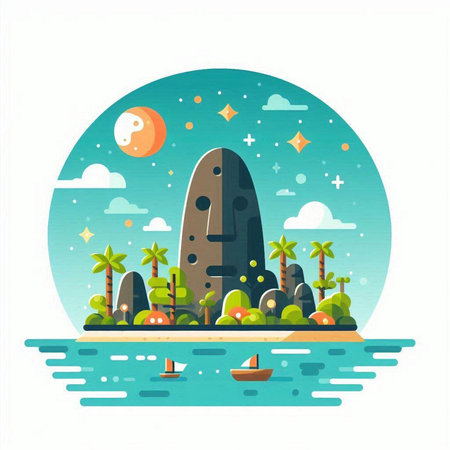 Vector illustration of island with palm trees, sea, moon and sailboat.のイラスト素材