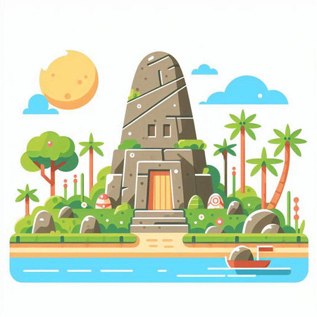 Ancient temple on the seashore. Vector illustration in flat styleのイラスト素材