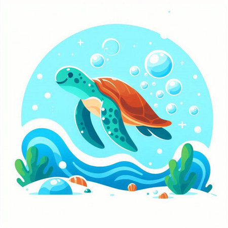 Sea turtle swimming in the ocean. Vector illustration of a cartoon style.のイラスト素材