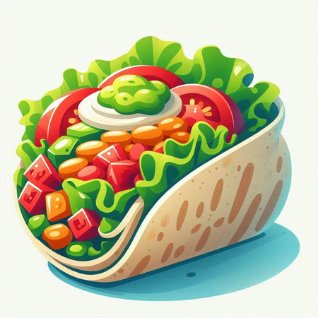 Illustration of a tortilla with tomato, lettuce, cucumber and sauceのイラスト素材