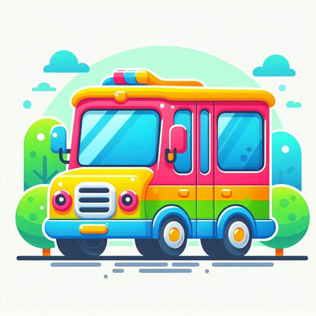 Vector illustration of colorful cartoon fire truck on the background of green trees.のイラスト素材