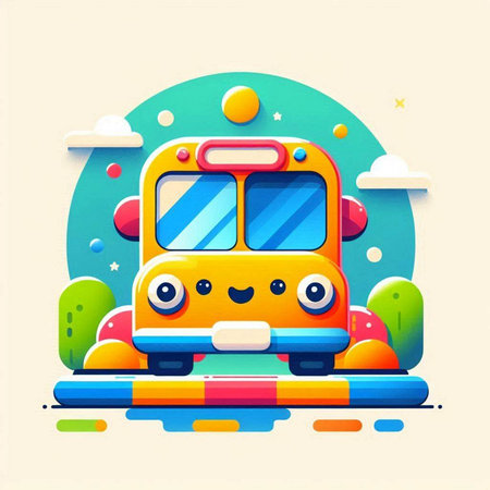 Vector illustration of cute school bus cartoon character in flat design style.のイラスト素材