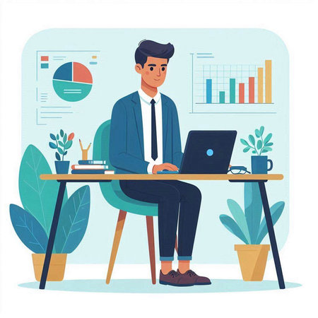 Businessman sitting at the desk and working on laptop. Vector illustrationのイラスト素材