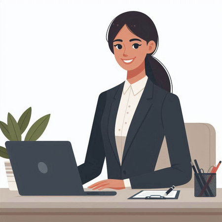 Business woman working at the office. Vector illustration in cartoon style.のイラスト素材