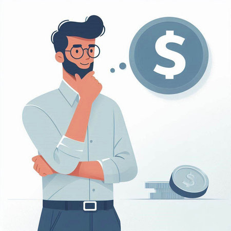 Young man thinking about money. Vector illustration in a flat style.のイラスト素材