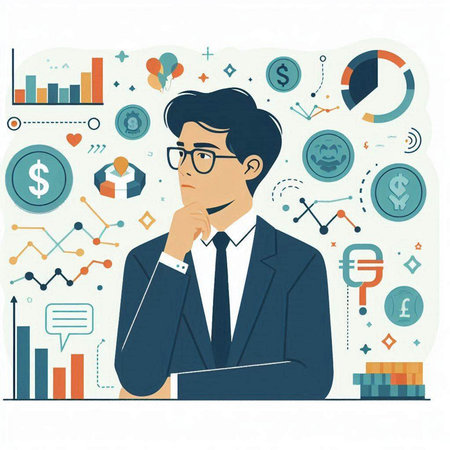 Thoughtful businessman thinking about money. Vector illustration in flat styleのイラスト素材