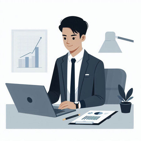 Businessman working with laptop in office. Vector illustration in flat style.のイラスト素材