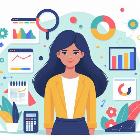 Vector illustration of a young businesswoman in the office. Business concept.のイラスト素材
