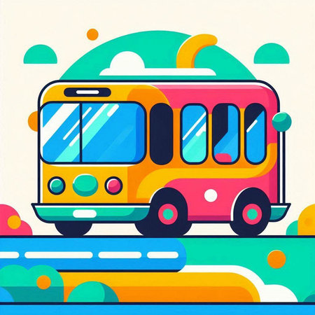 Vector illustration of school bus on colorful background. Flat style design.のイラスト素材