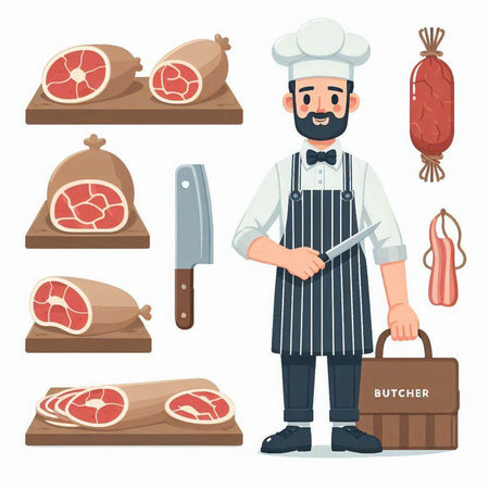 Butcher and meat products. Vector illustration in flat cartoon style.のイラスト素材