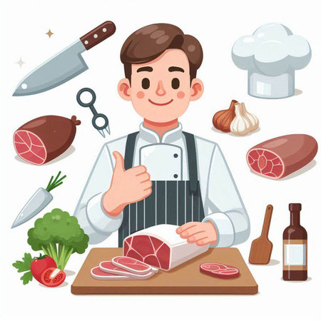 Chef man in apron and apron cooking meat. Vector illustrationのイラスト素材
