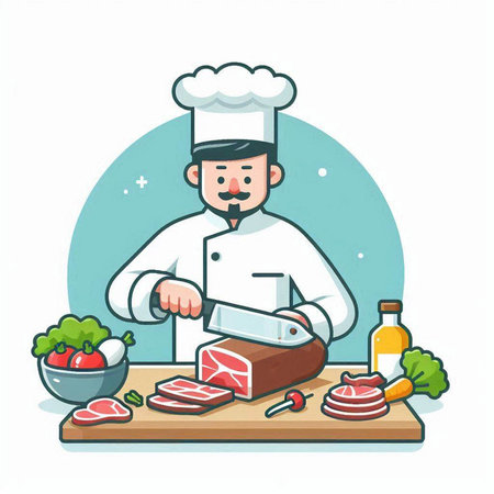 Chef cutting meat in the kitchen. Vector illustration in cartoon styleのイラスト素材