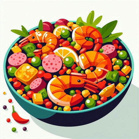 Seafood and vegetables in a frying pan. Vector illustration.のイラスト素材
