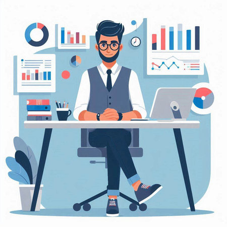 Businessman sitting at the desk in office. Vector illustration in flat styleのイラスト素材