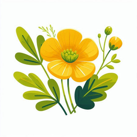 Vector illustration of a yellow flower with green leaves on a white backgroundのイラスト素材