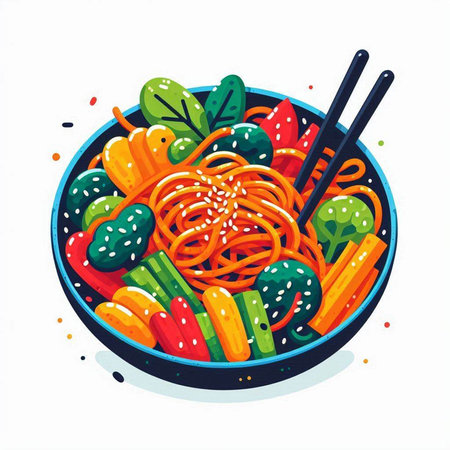 Soba noodles with vegetables in bowl. Vector illustration of Japanese food.のイラスト素材