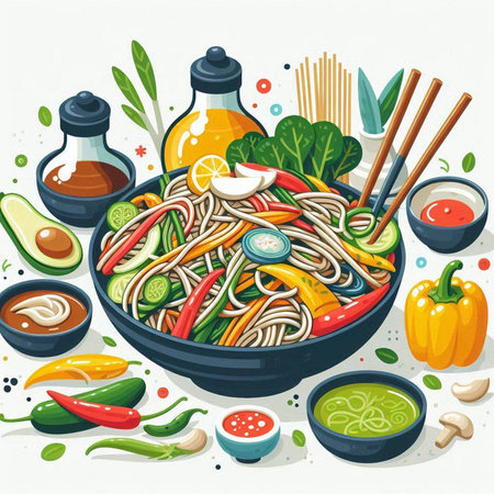 Noodles with vegetables and condiments in bowl. Vector illustration.のイラスト素材
