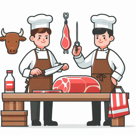 Butcher and butcher at work. Vector illustration in cartoon style.のイラスト素材