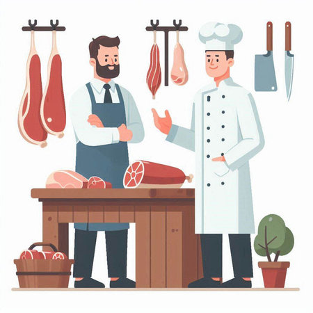 Butcher and butcher shop, butcher shop. Vector illustration in flat styleのイラスト素材