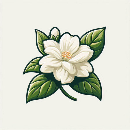 Illustration of jasmine flower with green leaves on white backgroundのイラスト素材