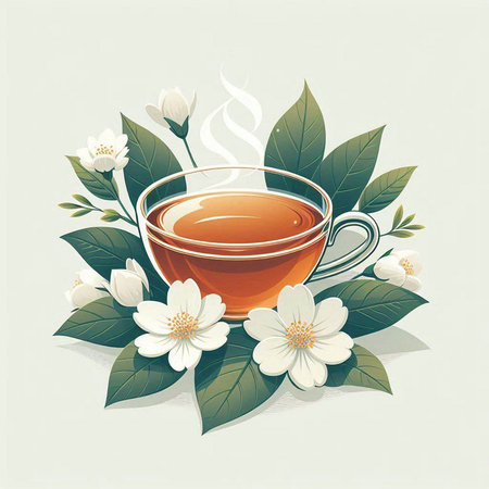 Cup of tea with jasmine flowers, vector illustration.のイラスト素材