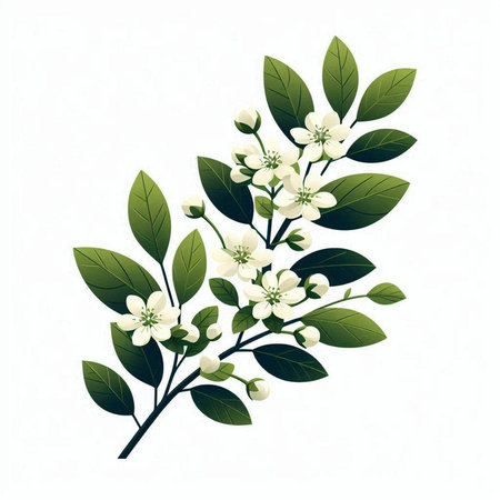 Illustration of a branch with white flowers and green leaves on a white backgroundのイラスト素材