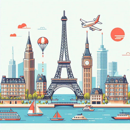 Traveling around the world. Eiffel Tower, Paris, Germany. Vector illustrationのイラスト素材
