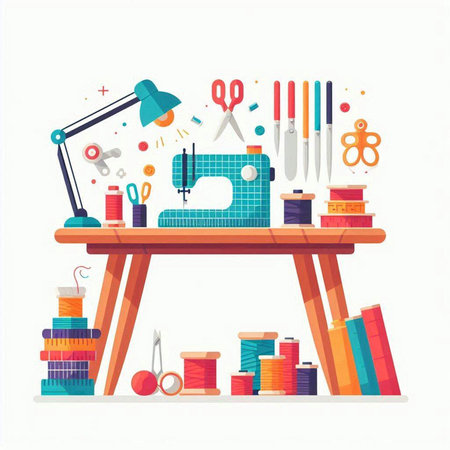 Sewing tools and accessories. Vector illustration in flat style.のイラスト素材