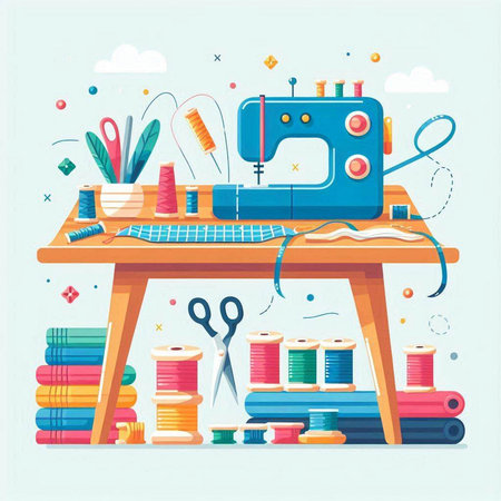 Sewing workshop. Sewing machine, thread, scissors, pins, fabric and other tools. Vector illustration.のイラスト素材
