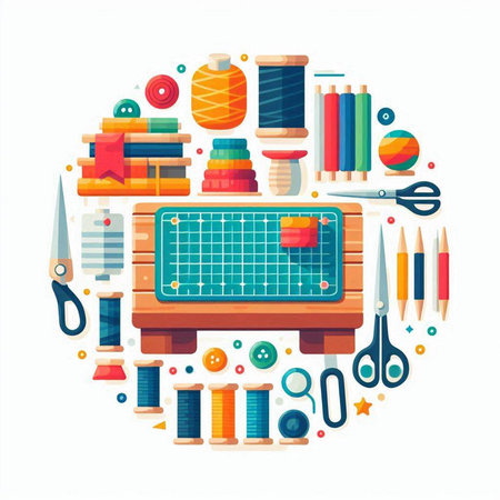 Sewing tools round composition. Sewing accessories and equipment. Vector illustrationのイラスト素材